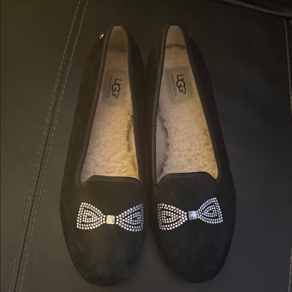 UGG Women's Black Suede Slippers with Rhinestone Bow